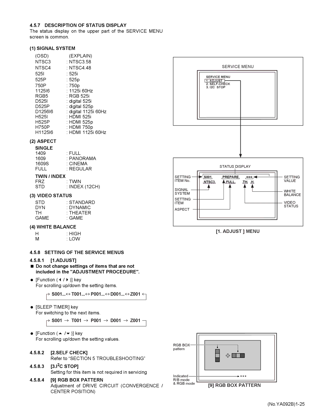 JVC HD-52Z575 Description of Status Display, Signal System, Aspect Single, Twin / Index, Video Status, White Balance 