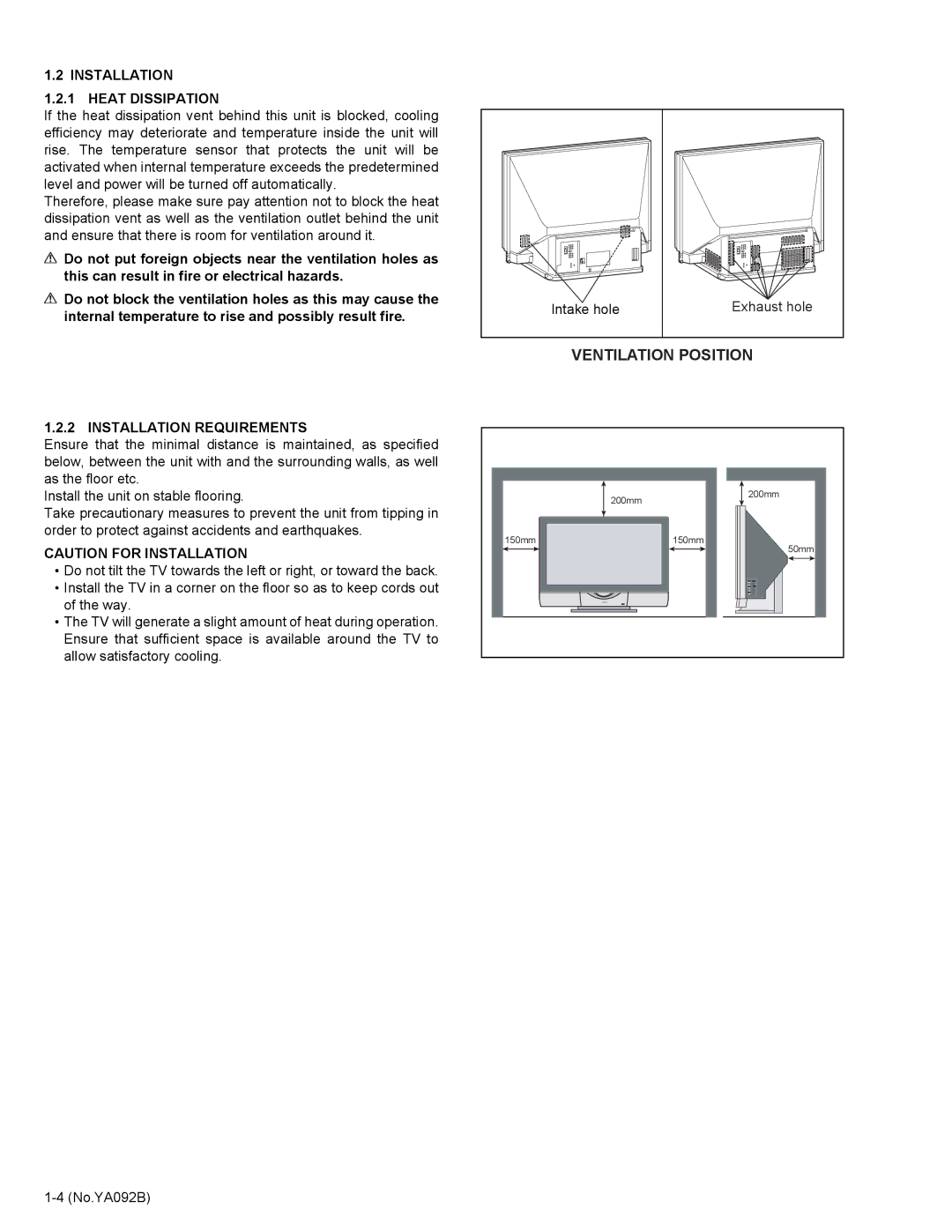 JVC HD-52Z575 service manual Installation Heat Dissipation, Installation Requirements, Off 