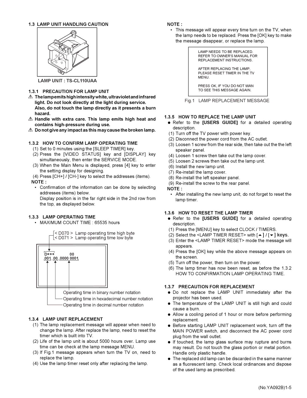 JVC HD-52Z575 service manual HOW to Confirm Lamp Operating Time, HOW to Replace the Lamp Unit, HOW to Reset the Lamp Timer 