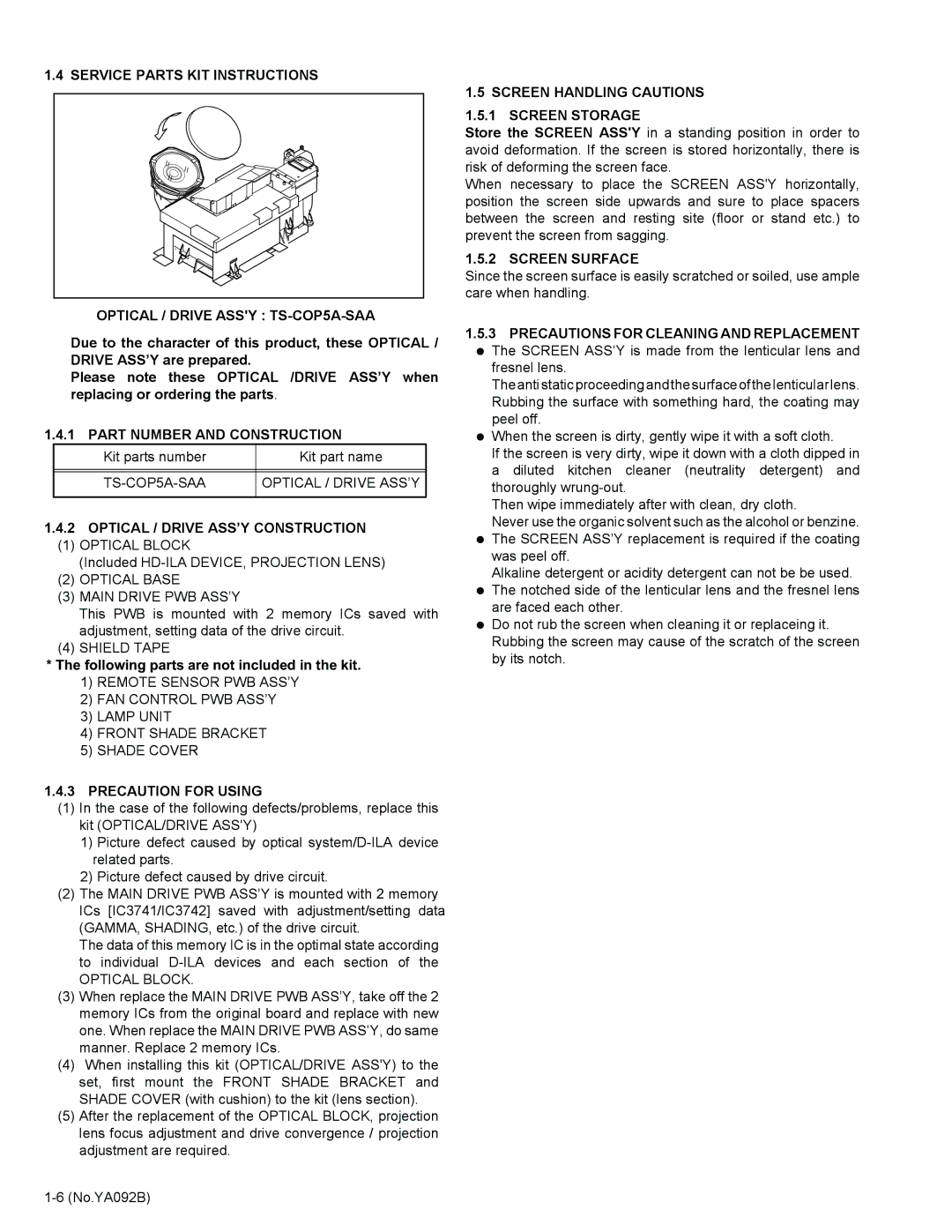 JVC HD-52Z575 Part Number and Construction, Optical / Drive ASS’Y Construction, Precaution for Using, Screen Surface 