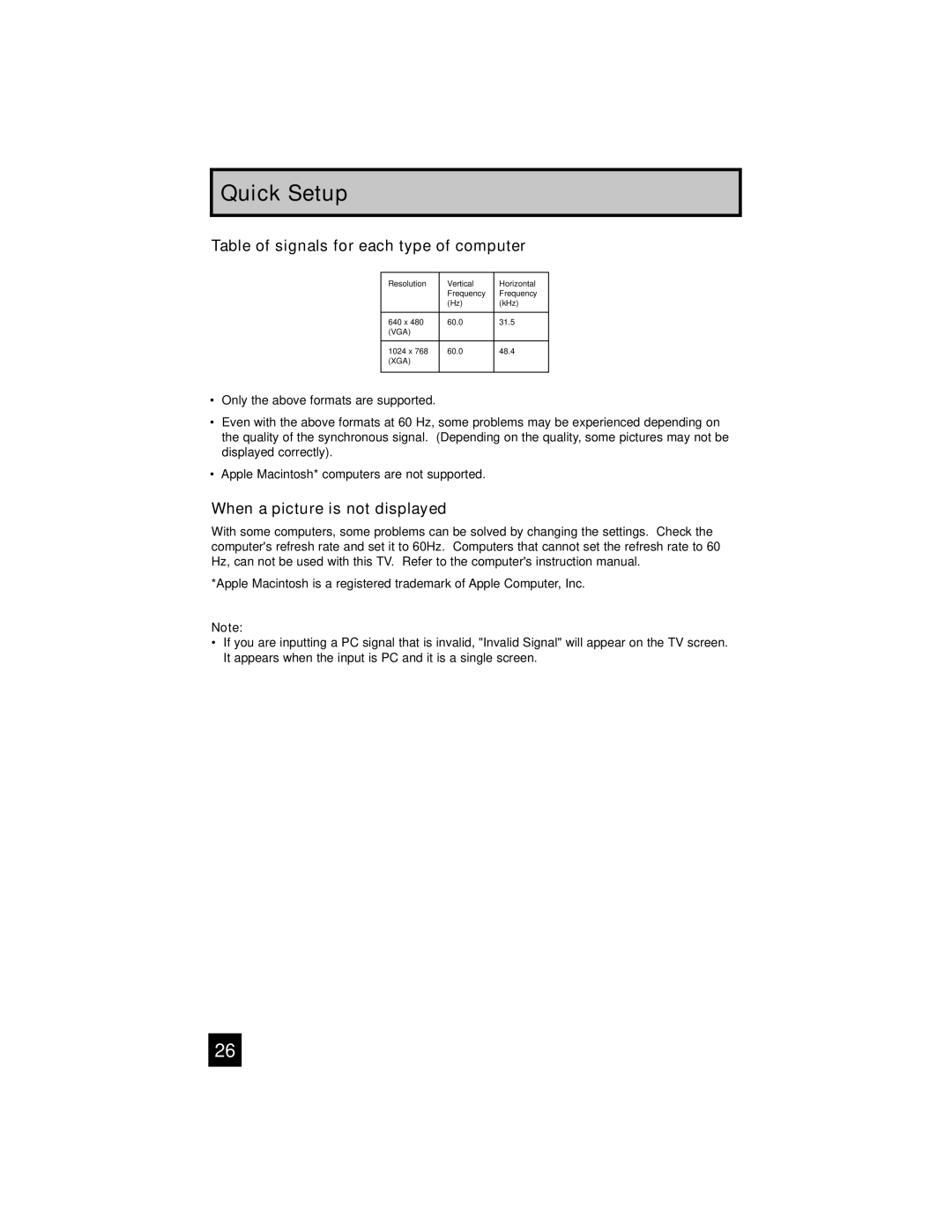 JVC HD-56FH97, HD-56FC97, HD-61FC97 manual Table of signals for each type of computer, When a picture is not displayed 