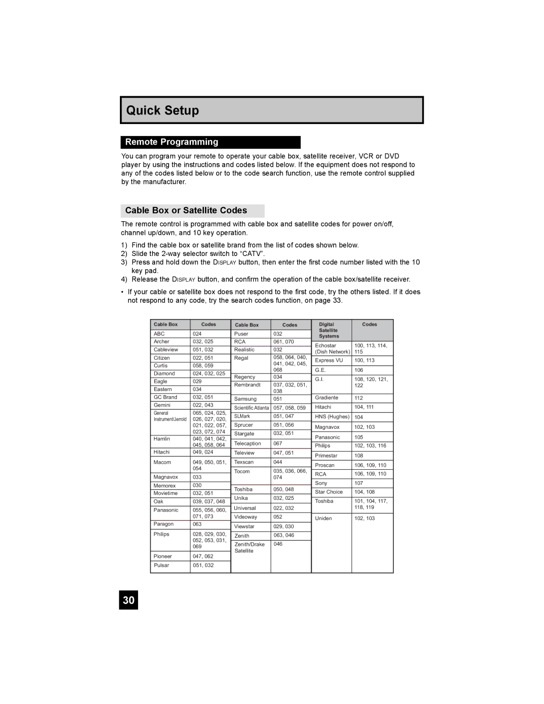 JVC HD-56FC97, HD-61FC97, HD-56FH97 manual Remote Programming, Cable Box or Satellite Codes 