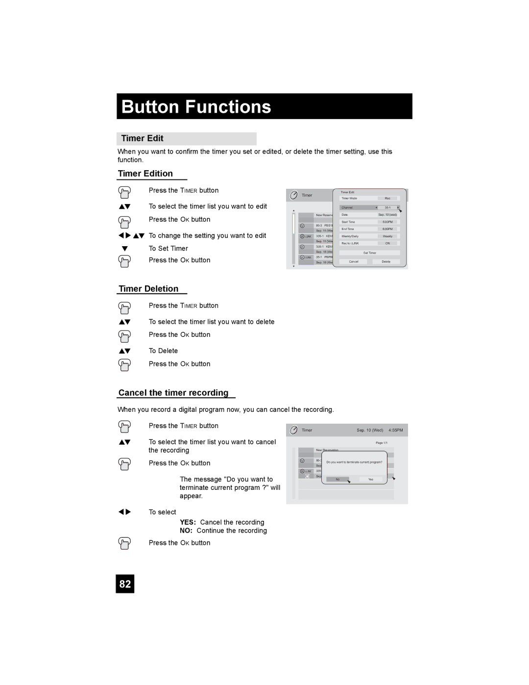 JVC HD-61FC97, HD-56FC97, HD-56FH97 manual Timer Edition, Timer Deletion, Cancel the timer recording 