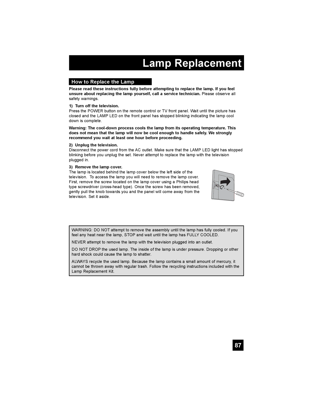 JVC HD-56FC97, HD-61FC97, HD-56FH97 manual How to Replace the Lamp, Unplug the television, Remove the lamp cover 