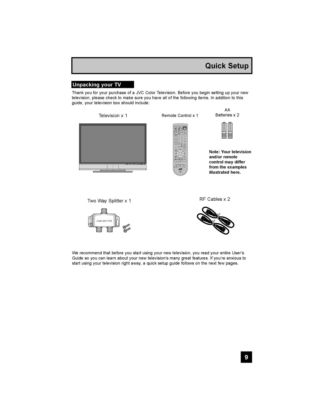 JVC HD-56FC97, HD-61FC97, HD-56FH97 manual Quick Setup, Unpacking your TV 