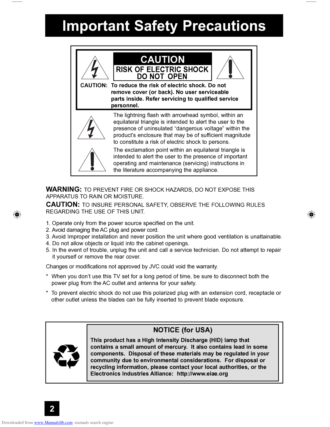 JVC HD-56FH97 manual Important Safety Precautions 