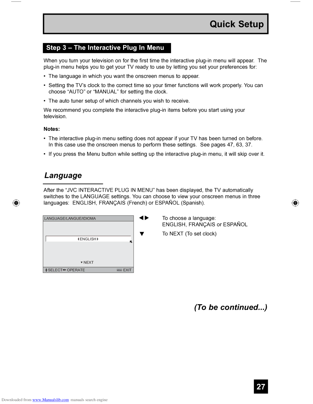 JVC HD-56FH97 manual Language, To be, Interactive Plug In Menu 