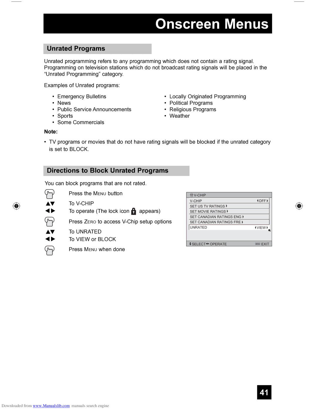 JVC HD-56FH97 manual Directions to Block Unrated Programs 