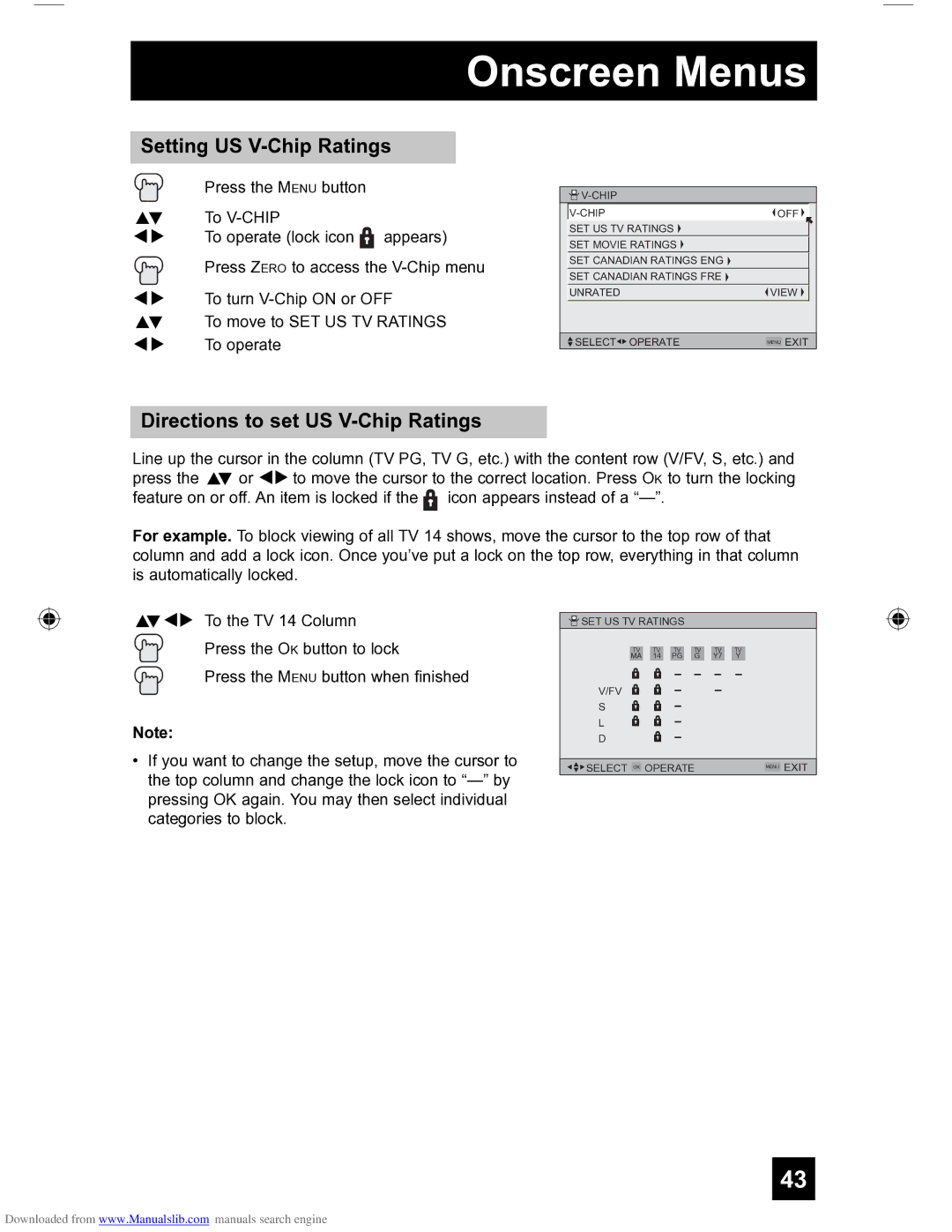 JVC HD-56FH97 manual Setting US V-Chip Ratings, Directions to set US V-Chip Ratings 