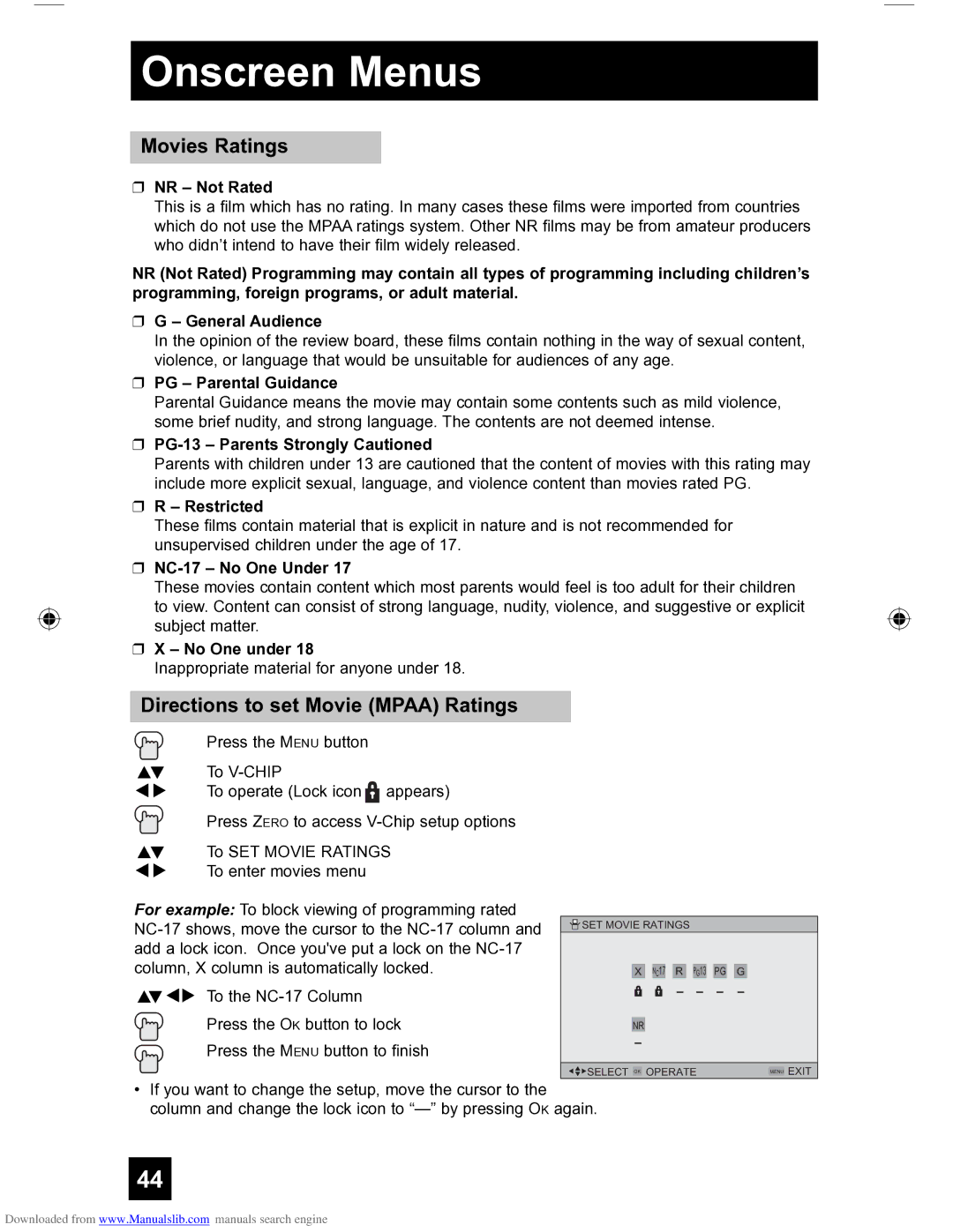 JVC HD-56FH97 manual Movies Ratings, Directions to set Movie Mpaa Ratings 