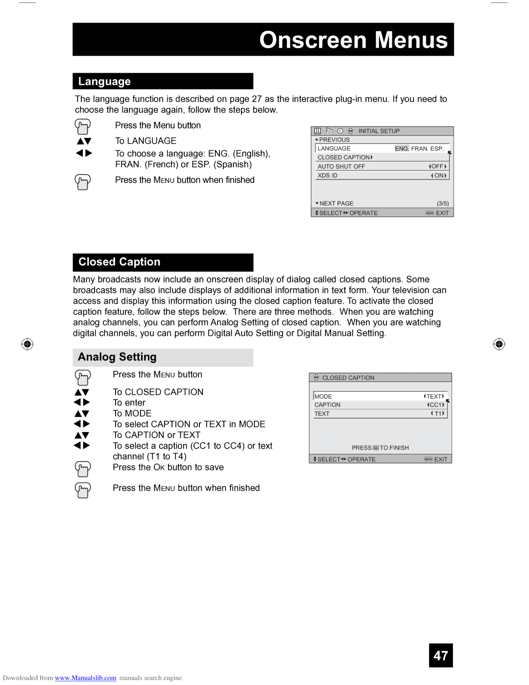 JVC HD-56FH97 manual Language, Closed Caption, Analog Setting 