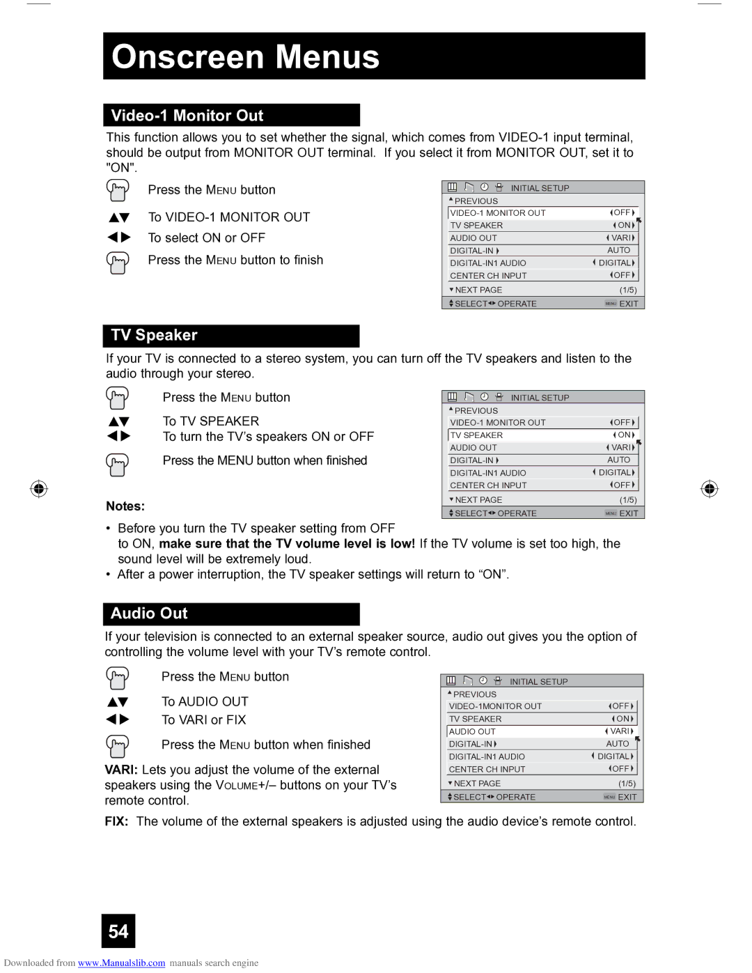 JVC HD-56FH97 manual Video-1 Monitor Out, TV Speaker, Audio Out 