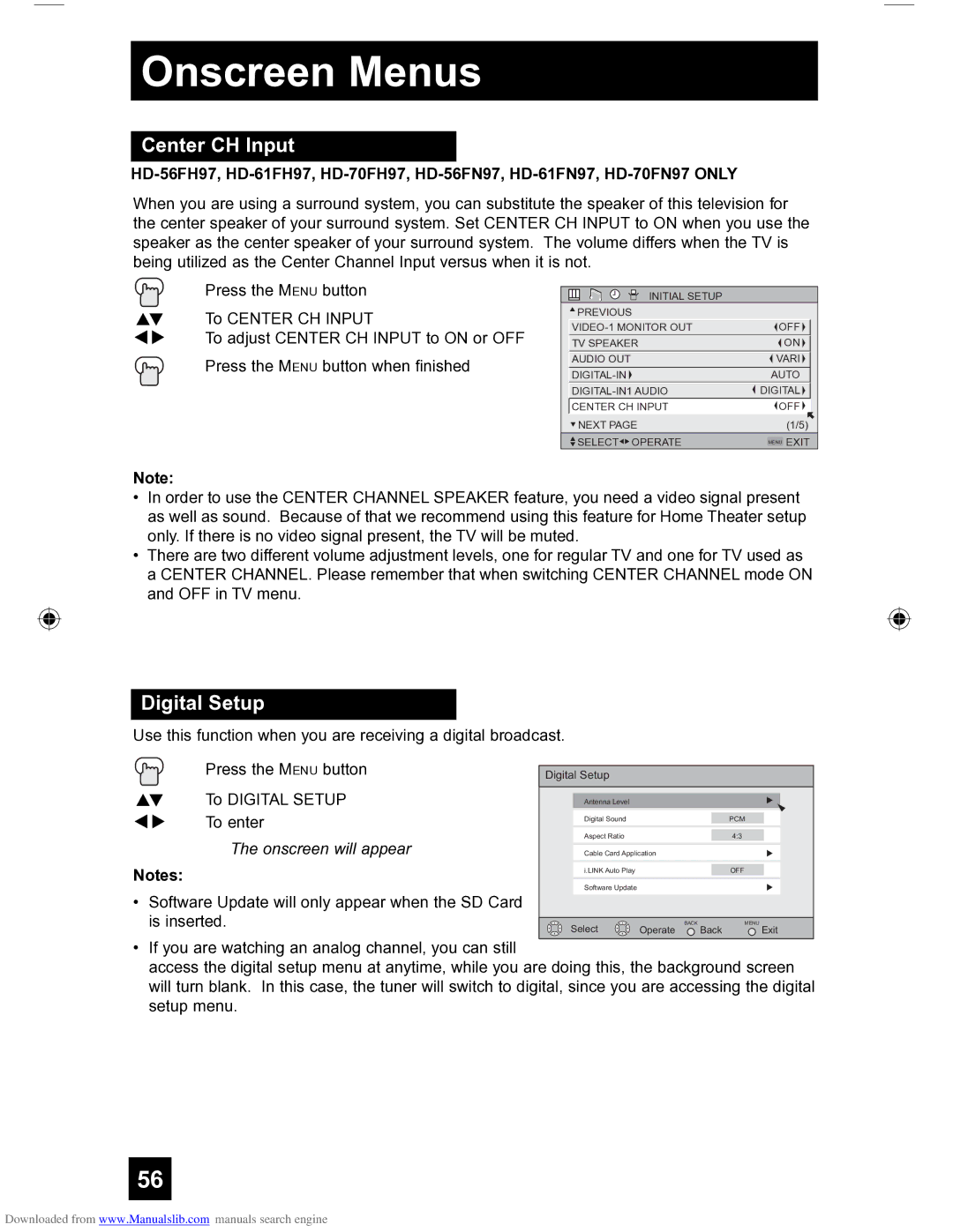JVC HD-56FH97 manual Center CH Input, Digital Setup 