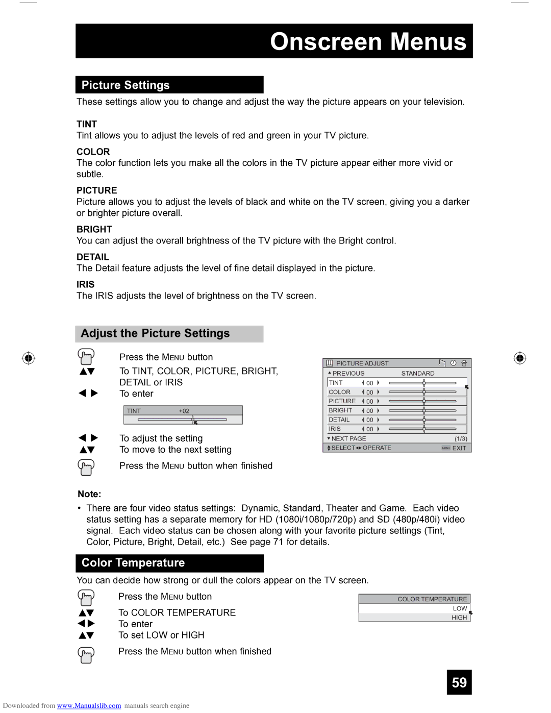 JVC HD-56FH97 manual Adjust the Picture Settings, Color Temperature 