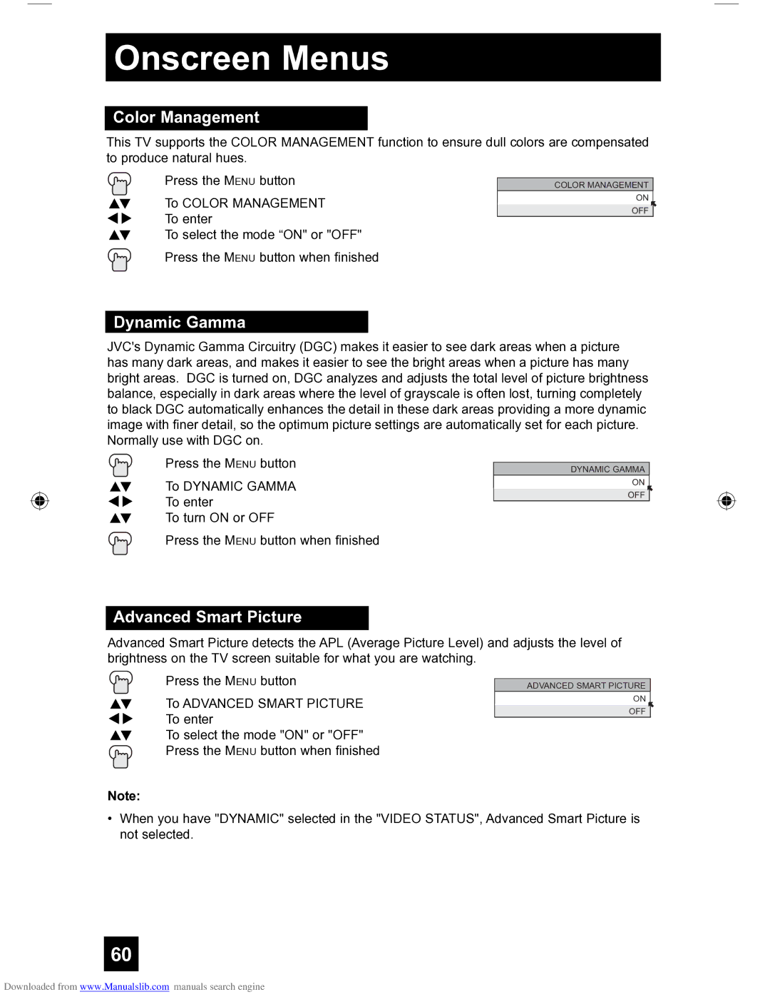 JVC HD-56FH97 manual Color Management, Dynamic Gamma, Advanced Smart Picture 