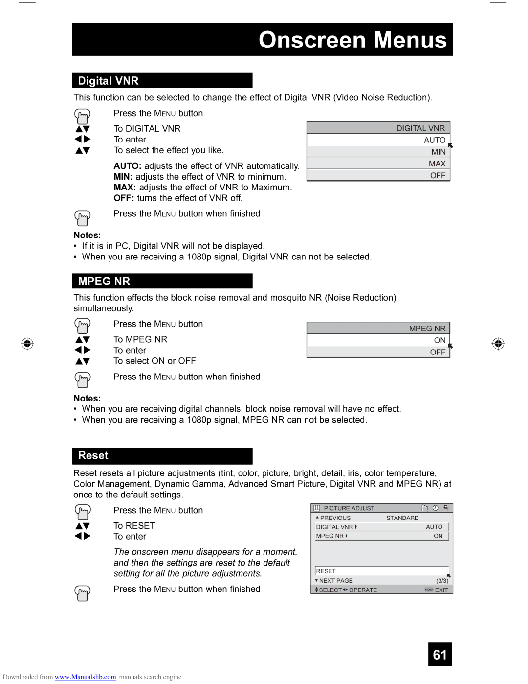 JVC HD-56FH97 manual Digital VNR, Reset 