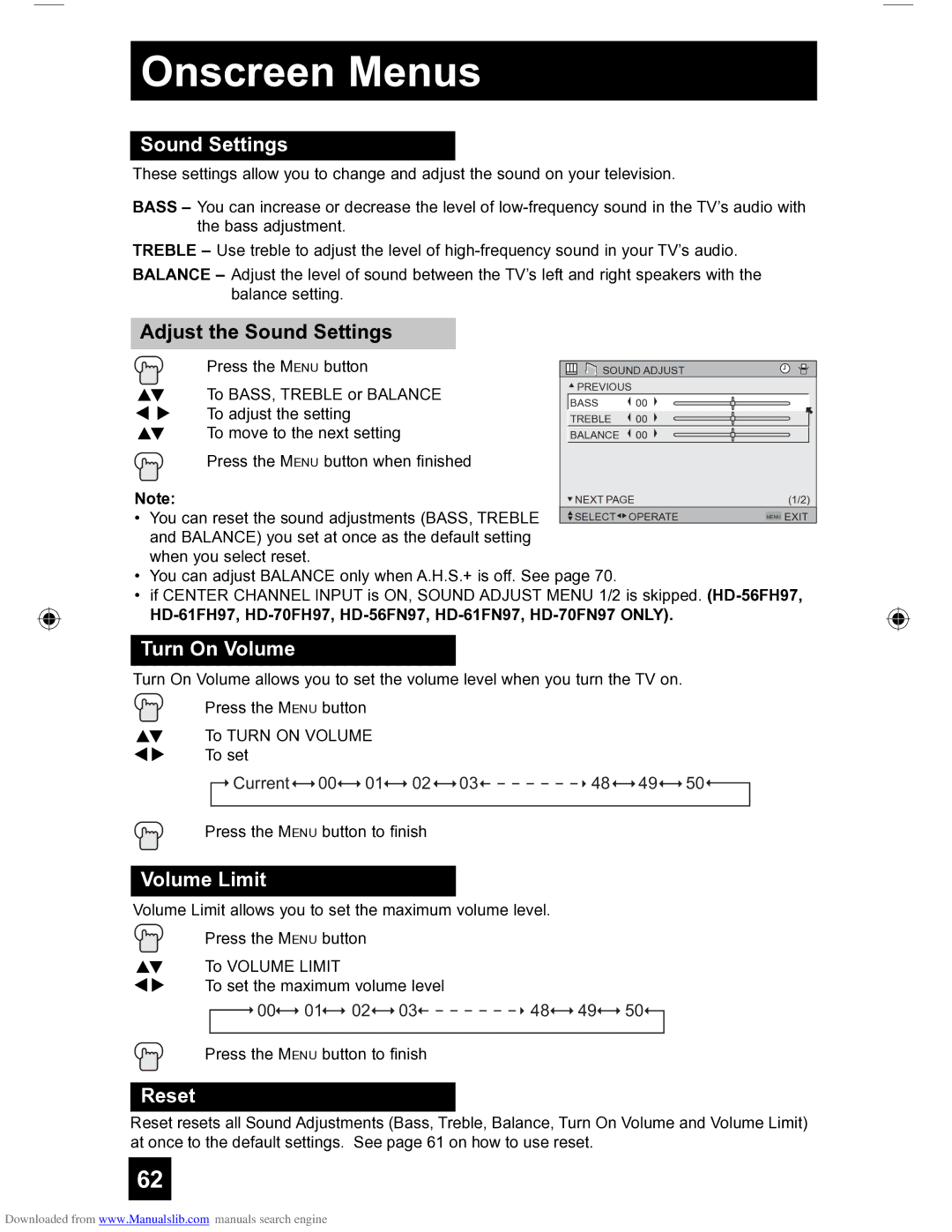 JVC HD-56FH97 manual Adjust the Sound Settings, Turn On Volume, Volume Limit 