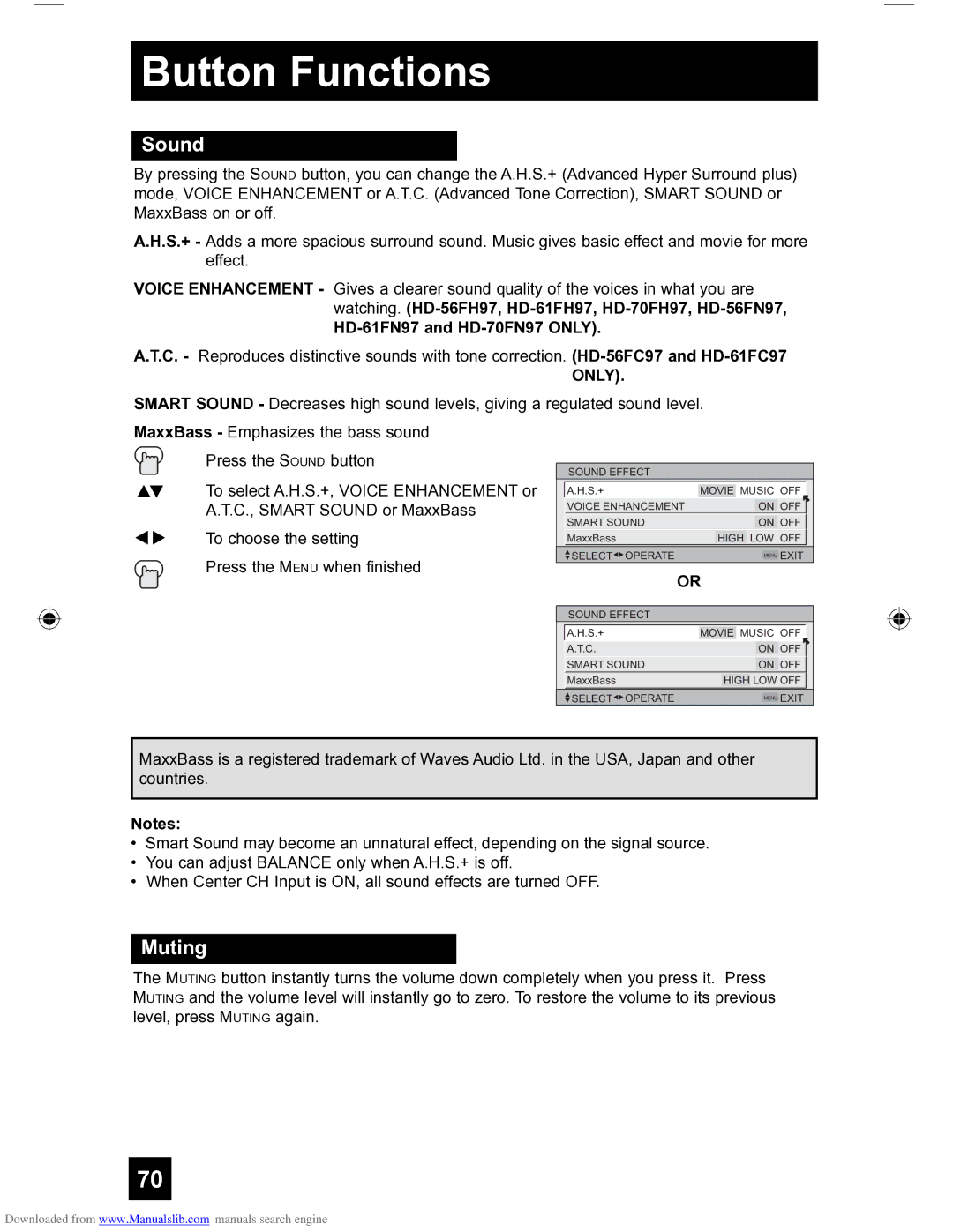 JVC HD-56FH97 manual Sound, Muting, HD-61FN97 and HD-70FN97 only 