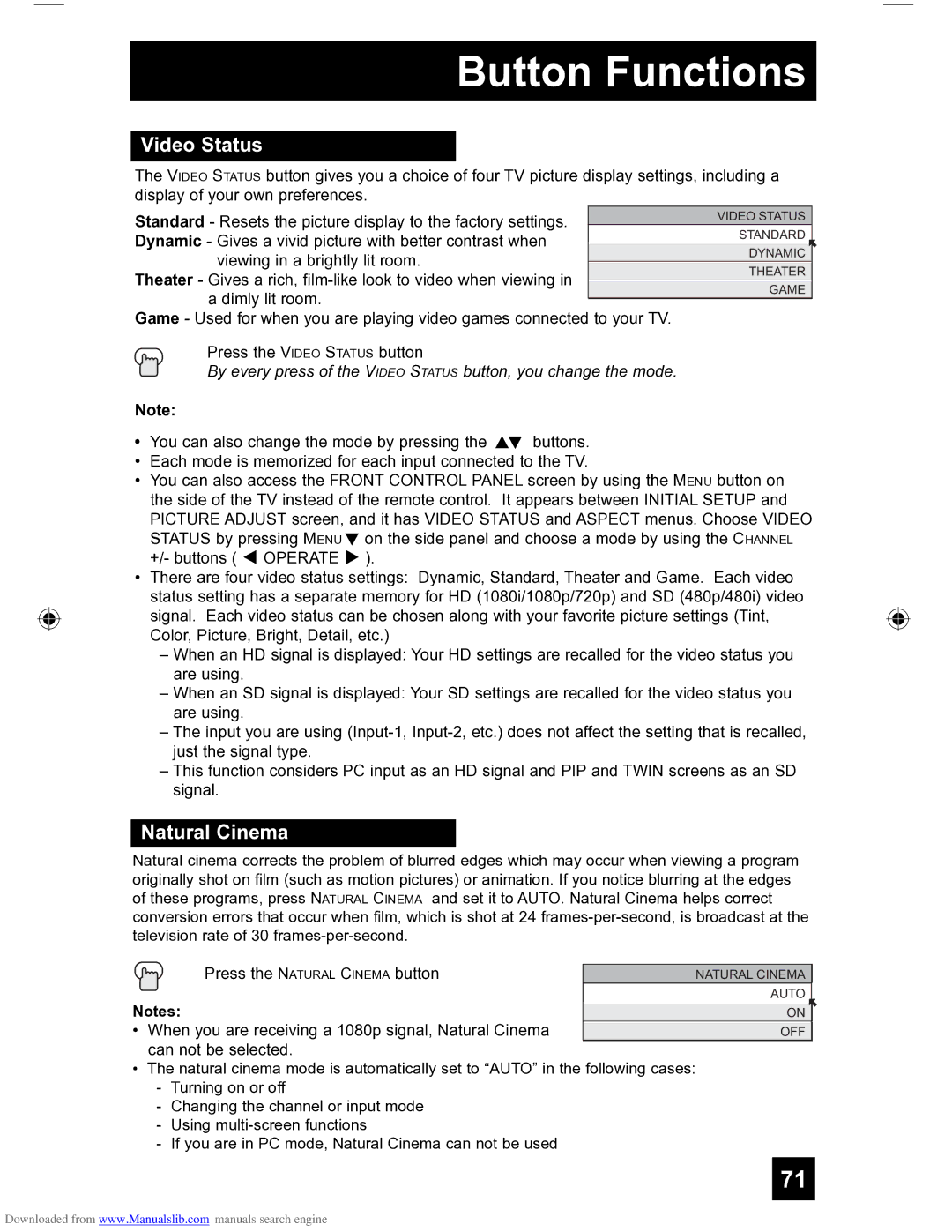 JVC HD-56FH97 manual Video Status, Natural Cinema 