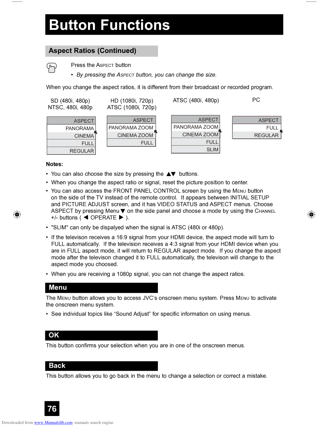 JVC HD-56FH97 manual Menu, Back 