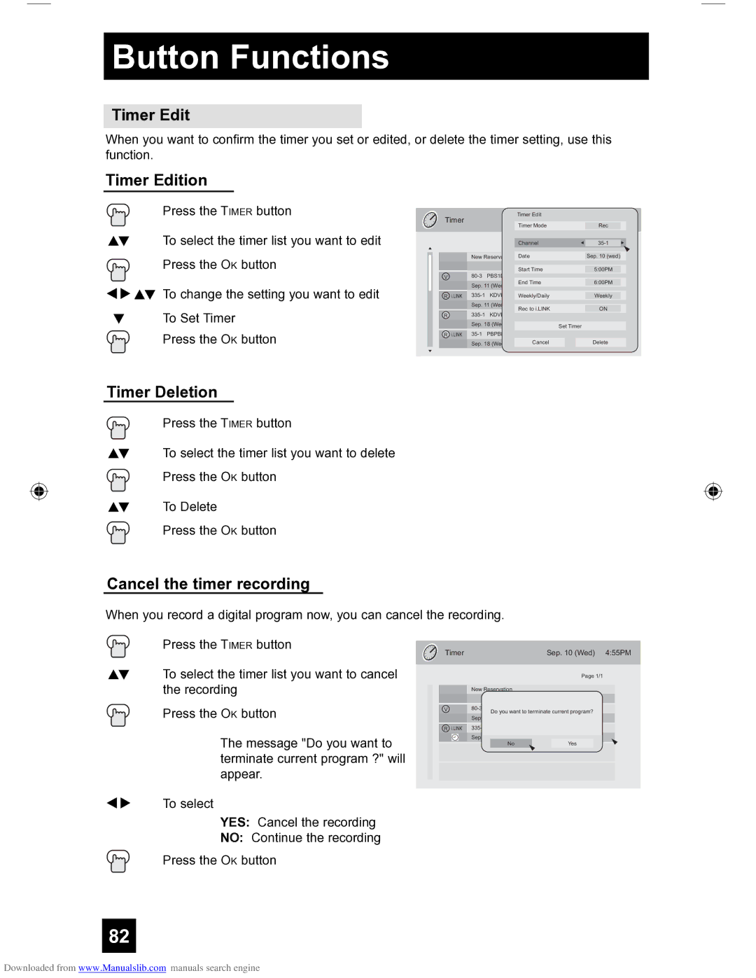 JVC HD-56FH97 manual Timer Edition, Timer Deletion, Cancel the timer recording 