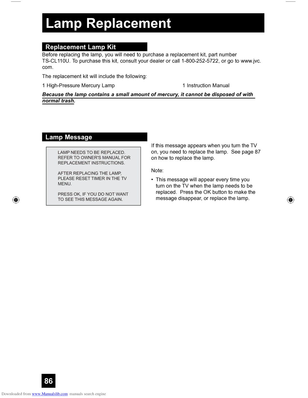 JVC HD-56FH97 manual Replacement Lamp Kit, Lamp Message 