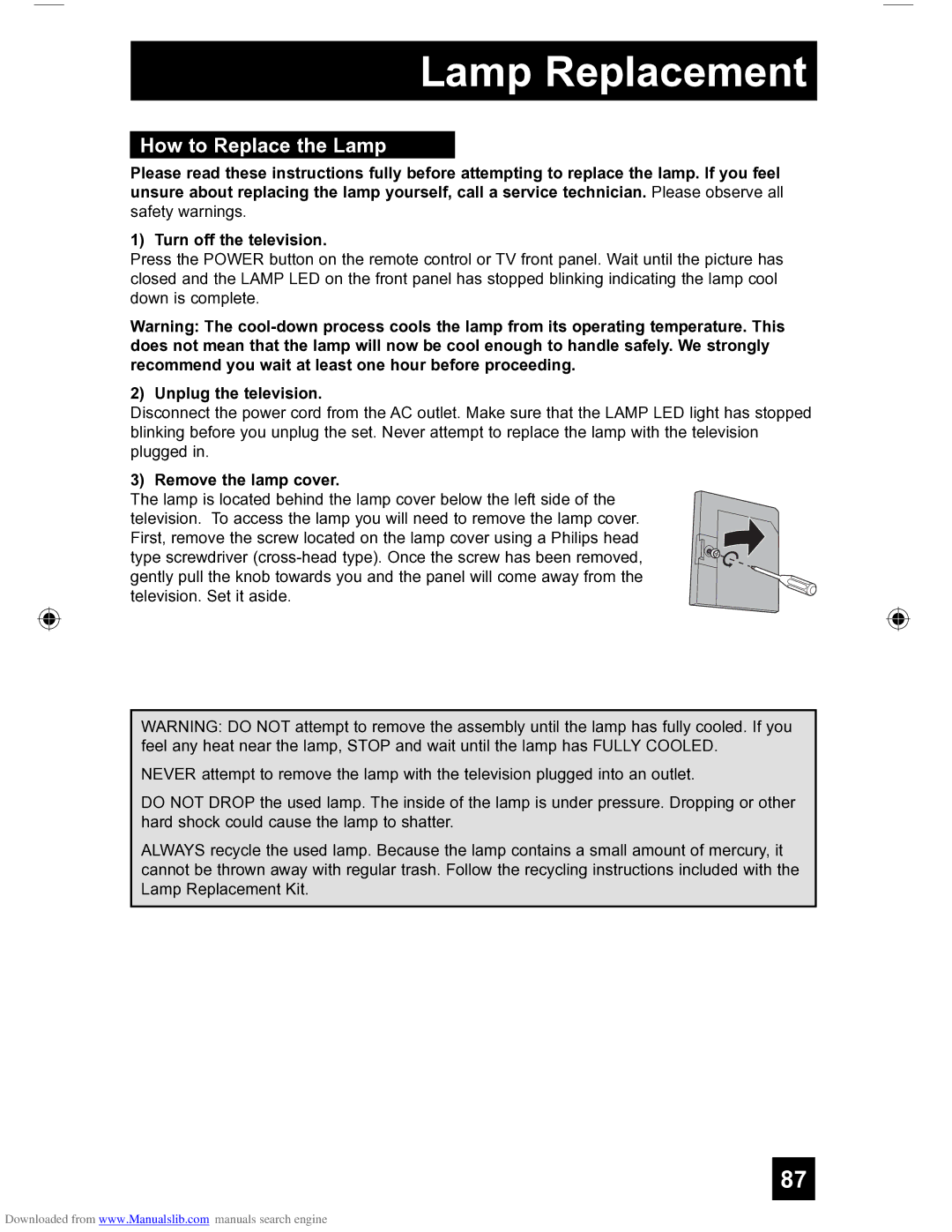 JVC HD-56FH97 manual How to Replace the Lamp, Unplug the television, Remove the lamp cover 