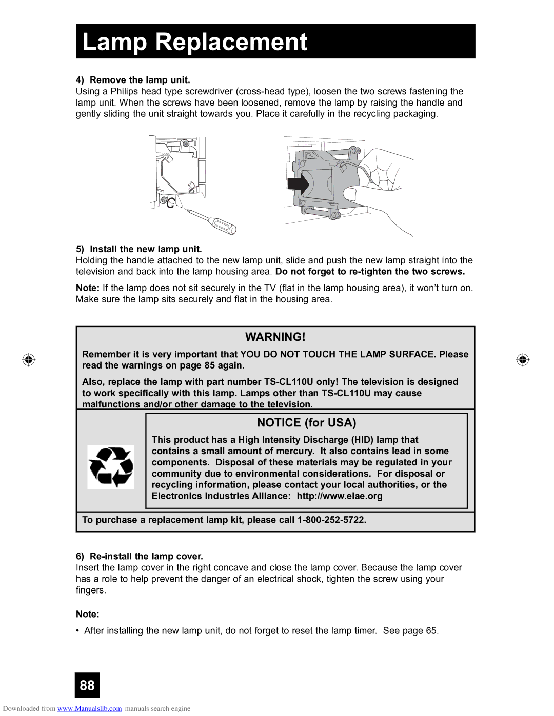 JVC HD-56FH97 manual Remove the lamp unit, Install the new lamp unit 