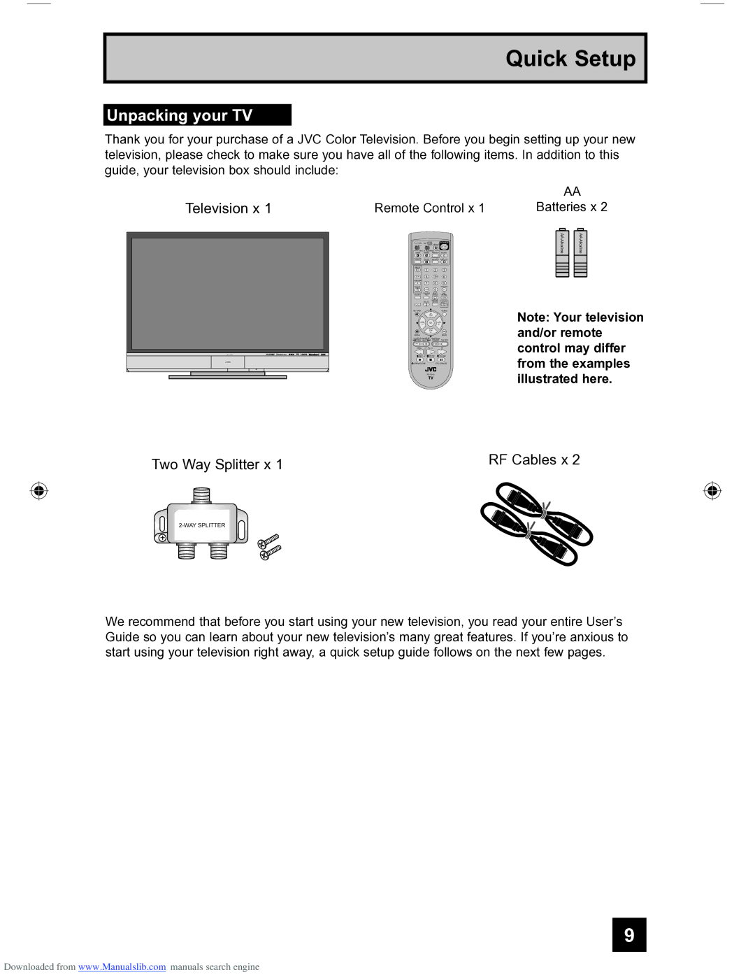 JVC HD-56FH97 manual Quick Setup, Unpacking your TV 