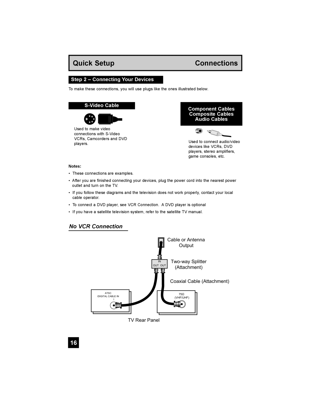 JVC HD-56G886, HD-56G786 manual Connecting Your Devices, Video Cable Component Cables Composite Cables Audio Cables 