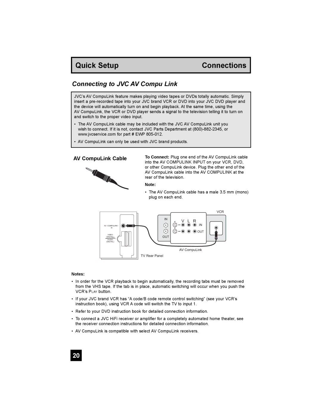 JVC HD-56G886, HD-56G786 manual Connecting to JVC AV Compu Link, AV CompuLink Cable 