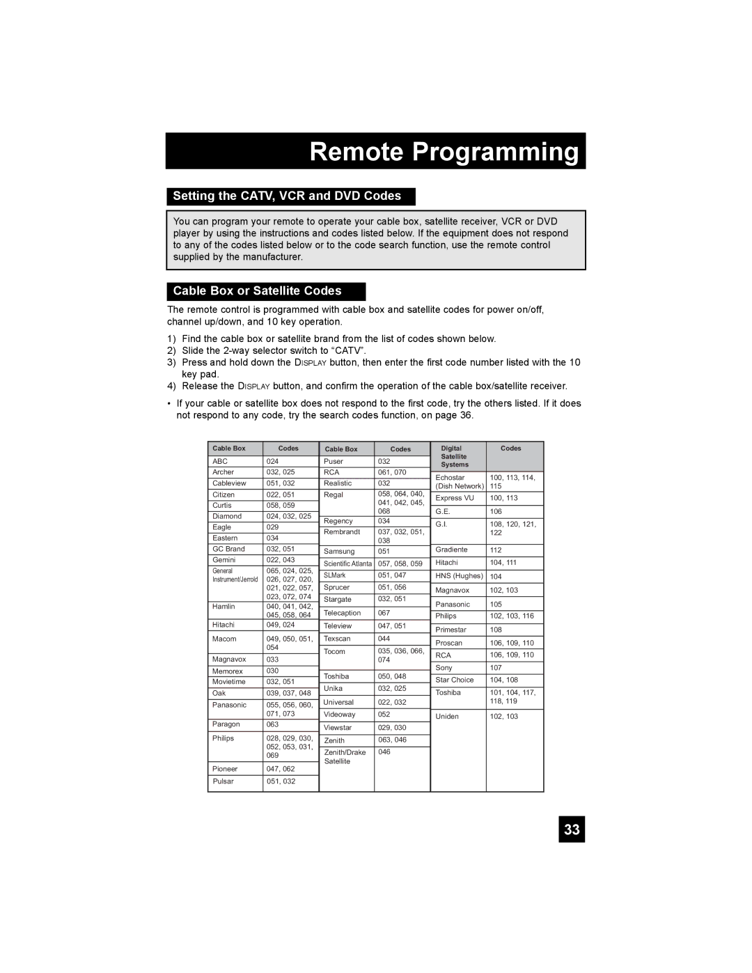 JVC HD-56G786, HD-56G886 manual Remote Programming, Setting the CATV, VCR and DVD Codes, Cable Box or Satellite Codes 