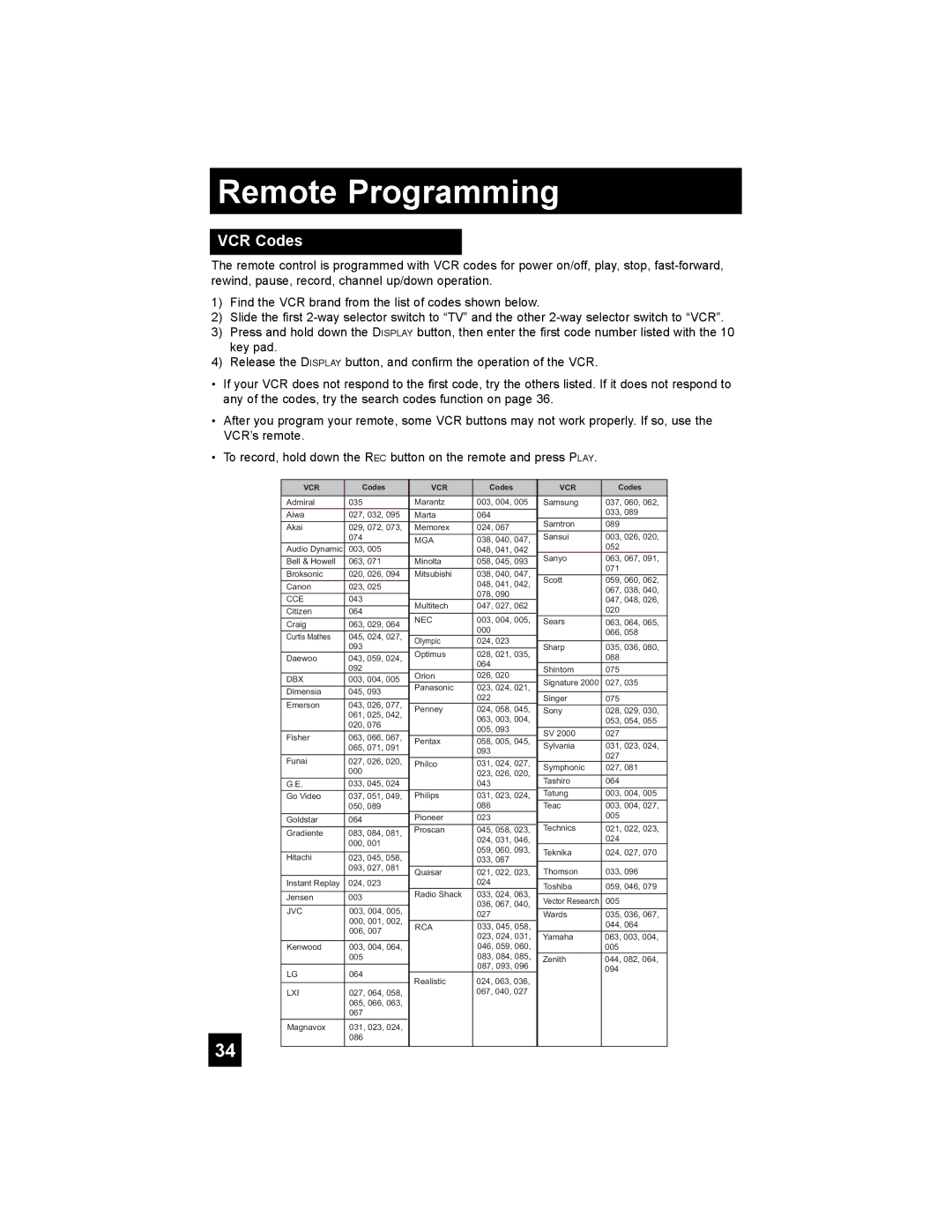 JVC HD-56G886, HD-56G786 manual VCR Codes, Mga 