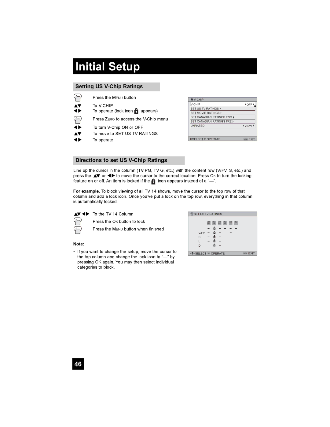 JVC HD-56G886, HD-56G786 manual Setting US V-Chip Ratings, Directions to set US V-Chip Ratings 