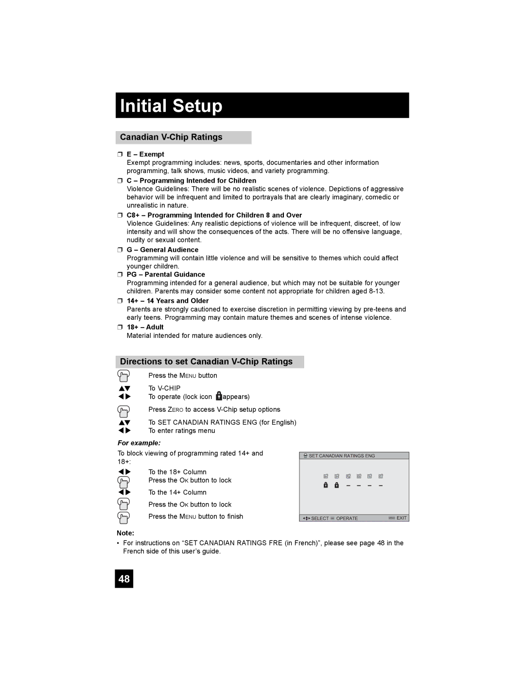 JVC HD-56G886, HD-56G786 manual Directions to set Canadian V-Chip Ratings 