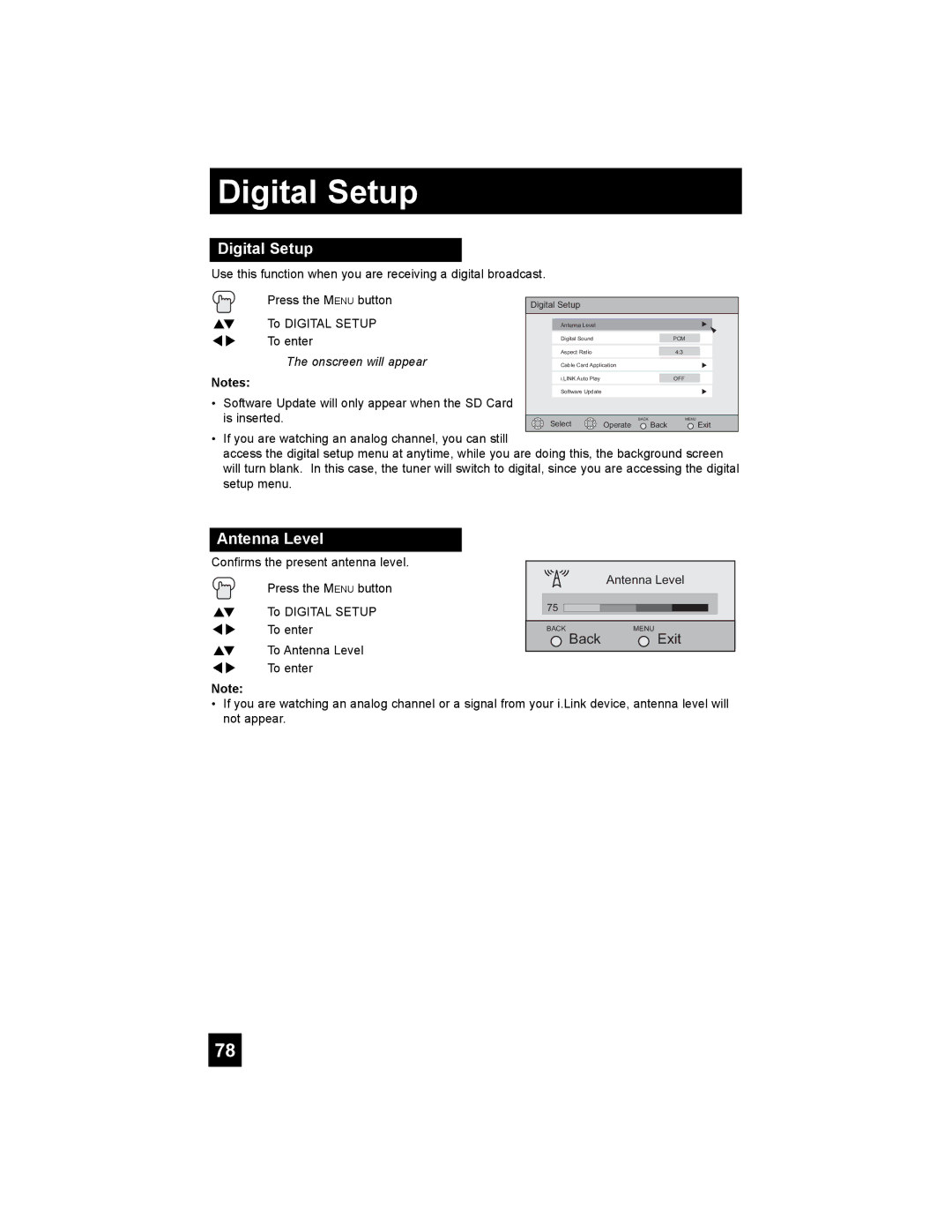 JVC HD-56G886, HD-56G786 manual Digital Setup, Antenna Level 