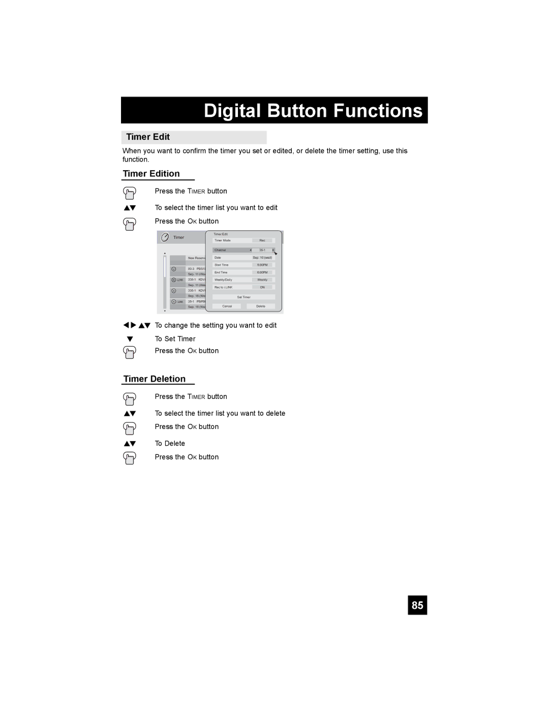 JVC HD-56G786, HD-56G886 manual Timer Edition, Timer Deletion 