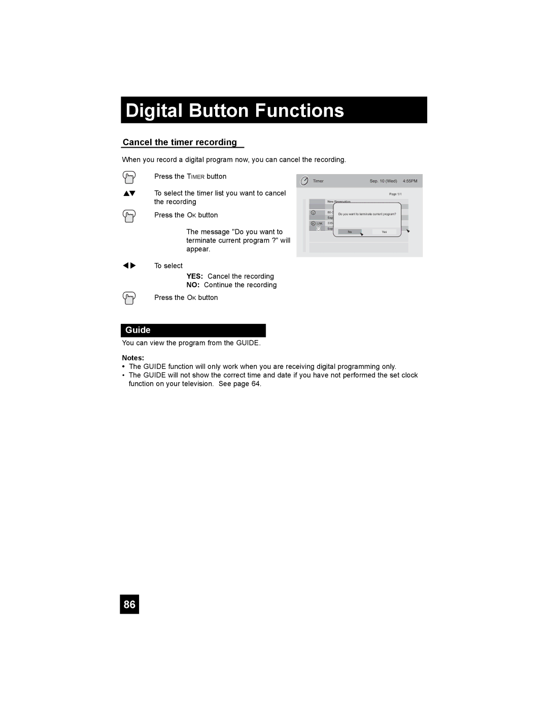 JVC HD-56G886, HD-56G786 manual Cancel the timer recording, Guide 