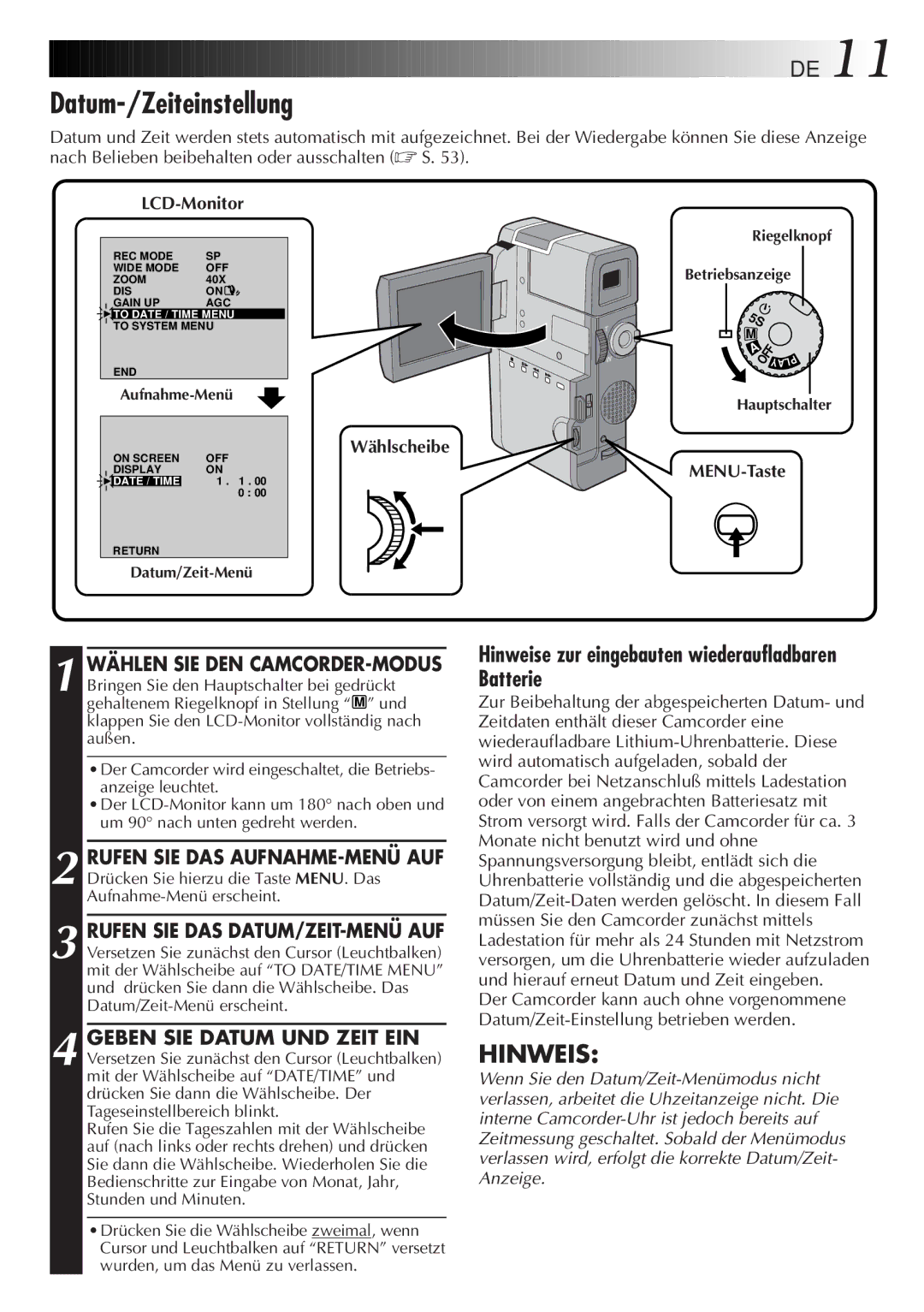 JVC HD-56ZR7U manual Datum-/Zeiteinstellung, LCD-Monitor, Wählscheibe MENU-Taste, Wählen SIE DEN CAMCORDER-MODUS 