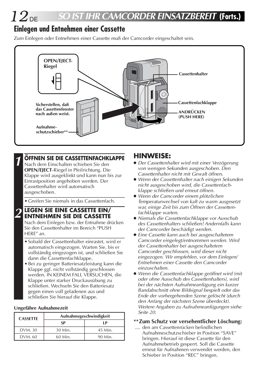 JVC HD-56ZR7U Einlegen und Entnehmen einer Cassette, Legen SIE Eine Cassette EIN/ Entnehmen SIE DIE Cassette, Open/Eject 