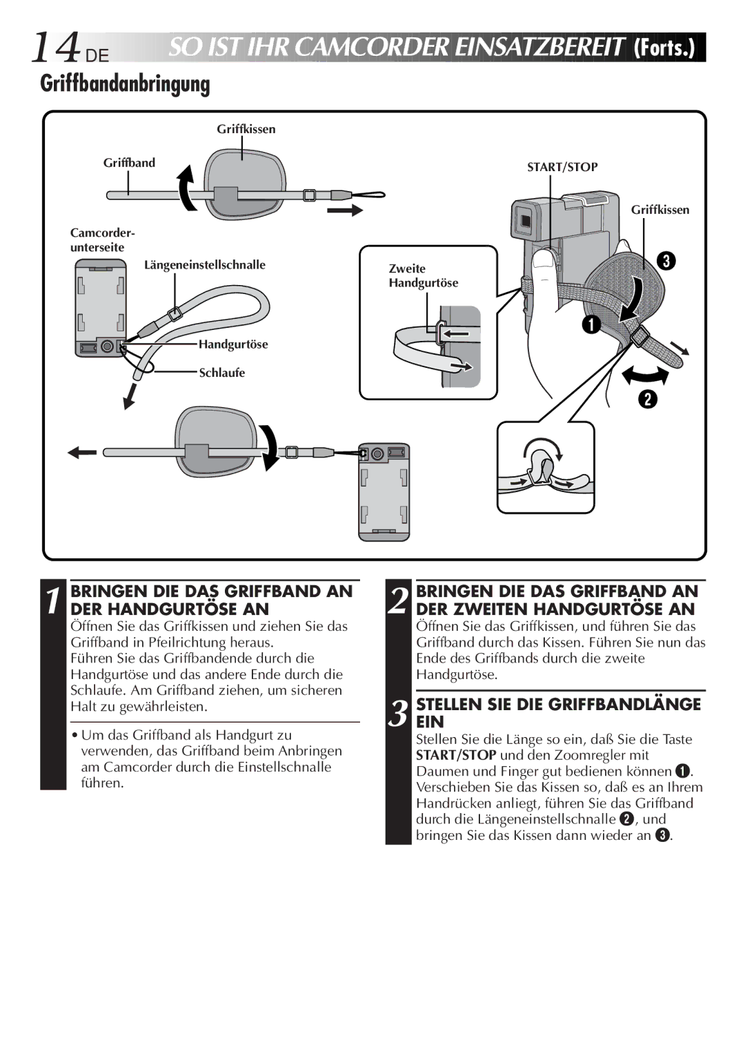 JVC HD-56ZR7U Griffbandanbringung, Bringen DIE DAS Griffband AN DER Handgurtöse AN, Stellenein SIE DIE Griffbandlänge 