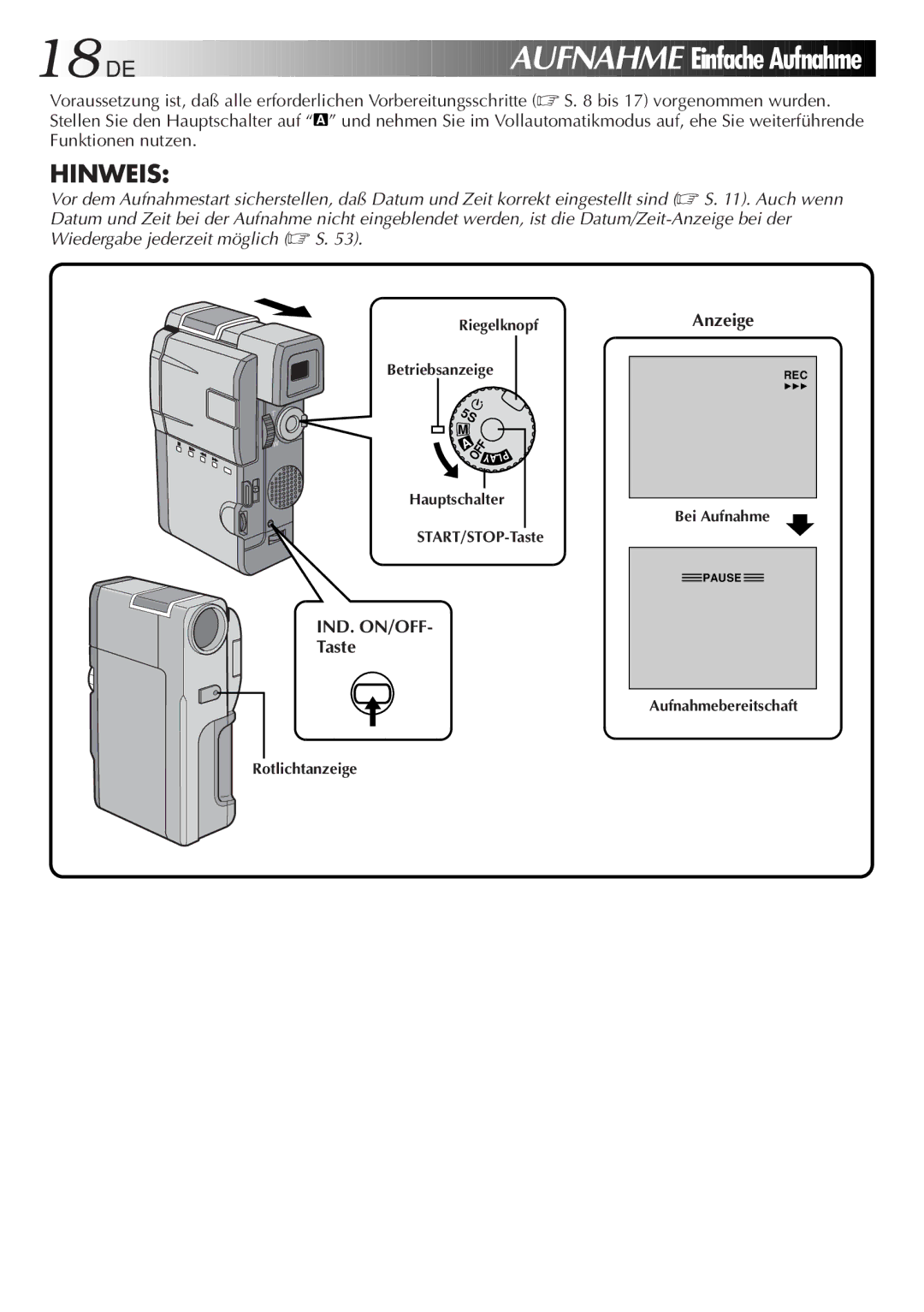 JVC HD-56ZR7U manual Aufnahme Einfache Aufnahme, Funktionen nutzen, Ind. On/Off, Taste Anzeige 