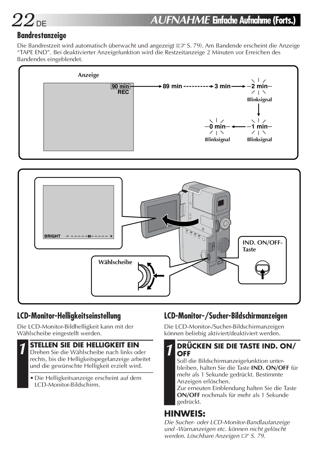 JVC HD-56ZR7U manual Einfache Aufnahme Forts, Bandrestanzeige, LCD-Monitor-Helligkeitseinstellung, Taste Wählscheibe 