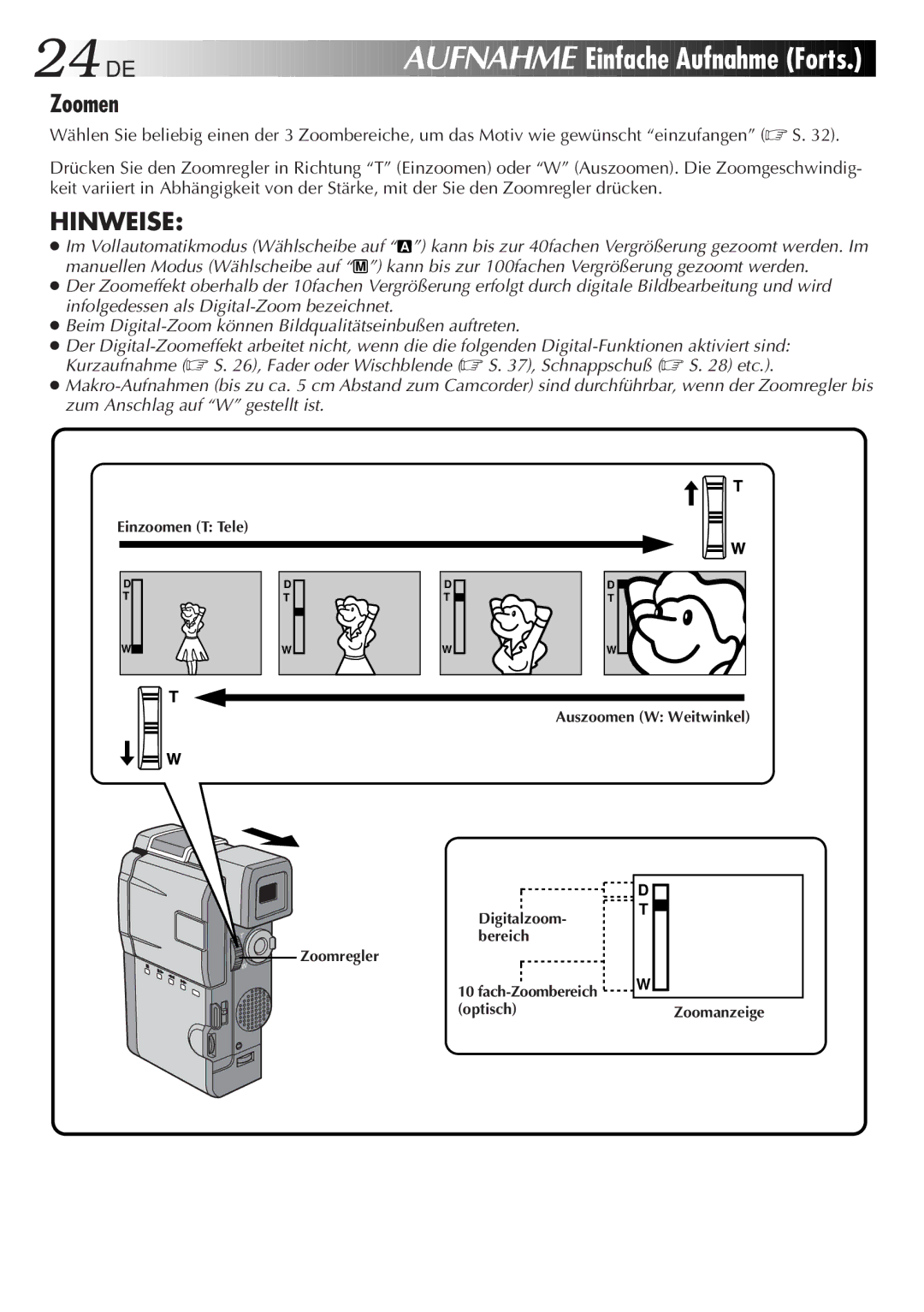 JVC HD-56ZR7U manual DE Aufnahme, Zoomen 