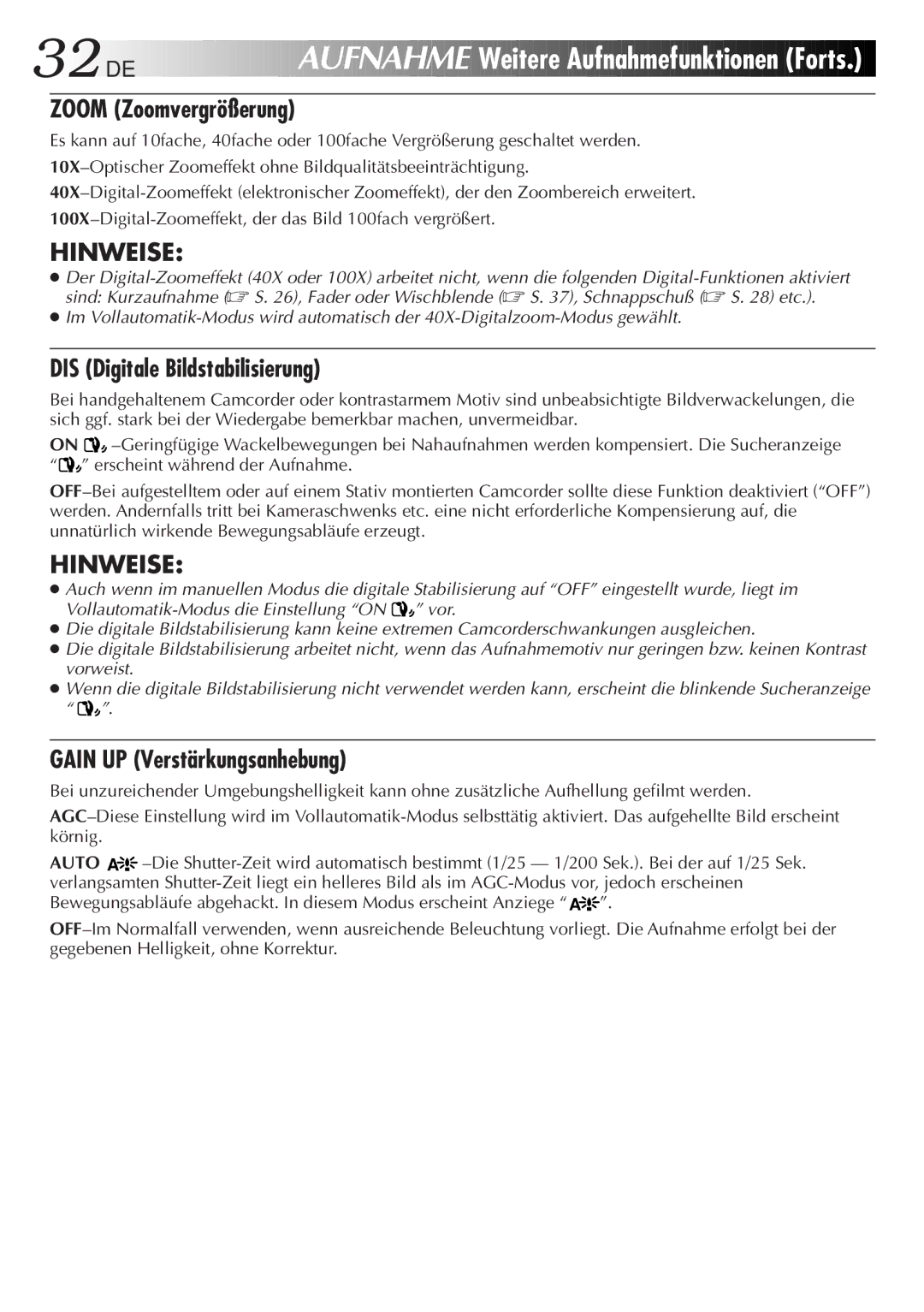 JVC HD-56ZR7U manual Zoom Zoomvergrößerung, DIS Digitale Bildstabilisierung, Gain UP Verstärkungsanhebung 