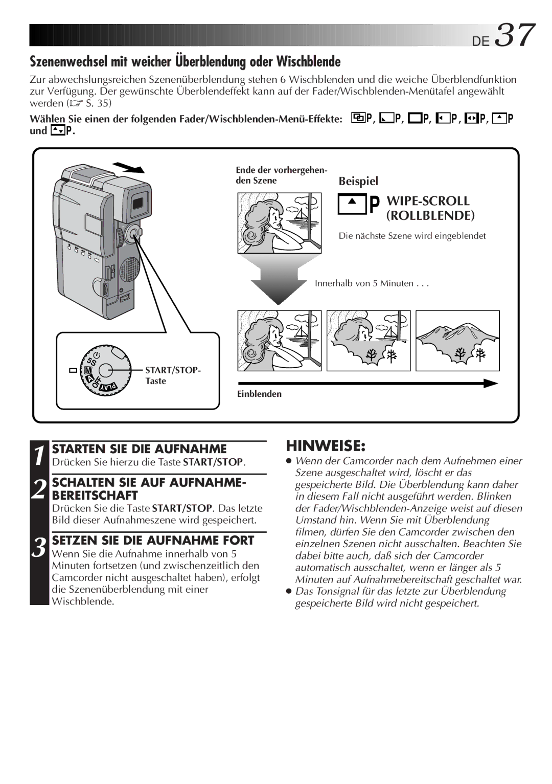 JVC HD-56ZR7U manual Szenenwechsel mit weicher Überblendung oder Wischblende, WIPE-SCROLL Rollblende, Und 