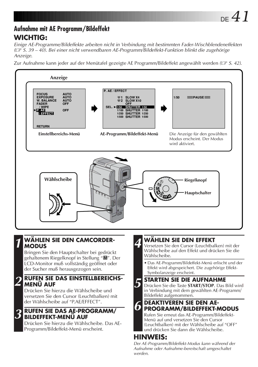 JVC HD-56ZR7U manual Aufnahme mit AE Programm/Bildeffekt, Rufen SIE DAS AE-PROGRAMM/ BILDEFFEKT-MENÜ AUF 