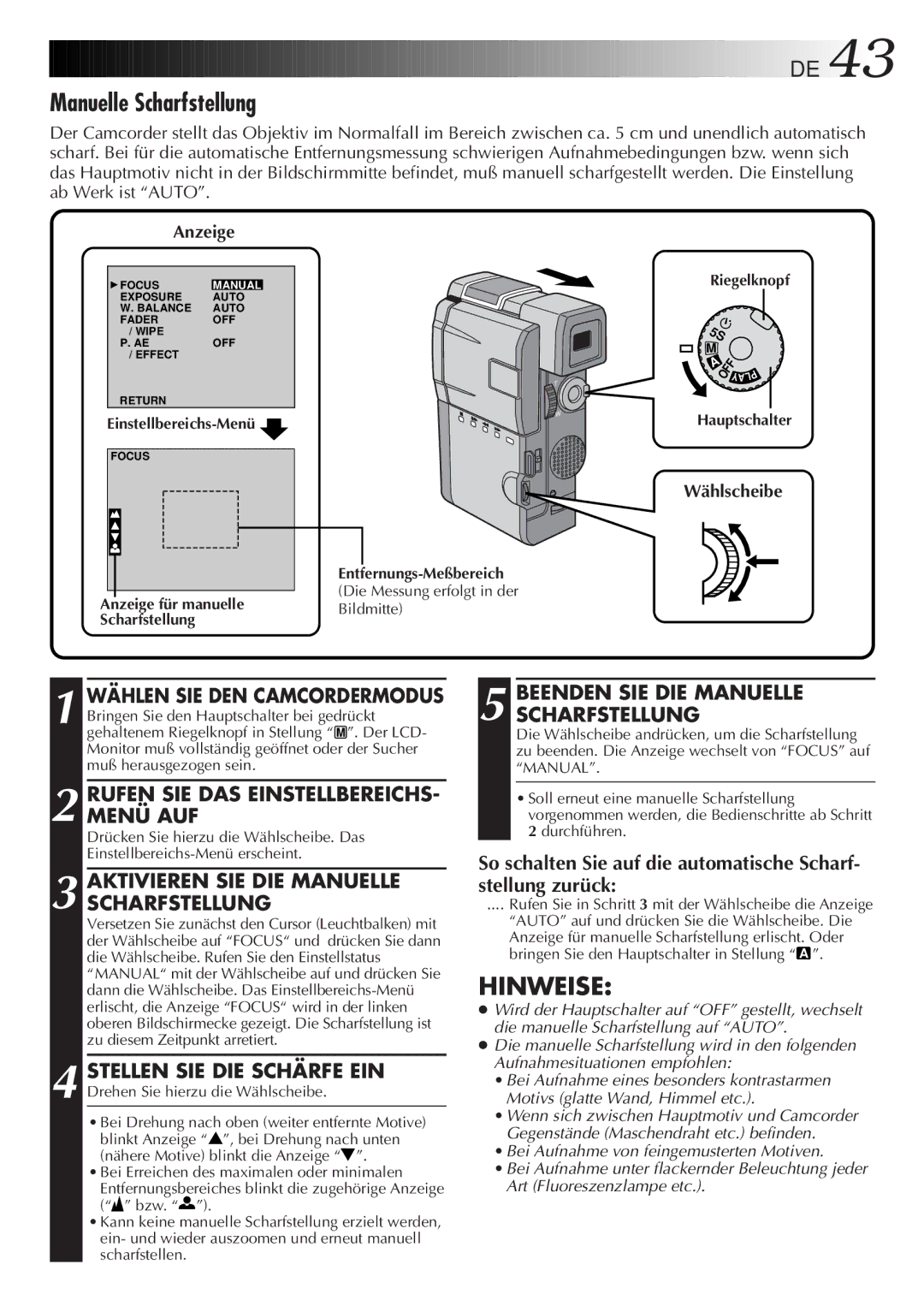 JVC HD-56ZR7U manual Aktivieren SIE DIE Manuelle Scharfstellung, Beenden SIE DIE Manuelle Scharfstellung 