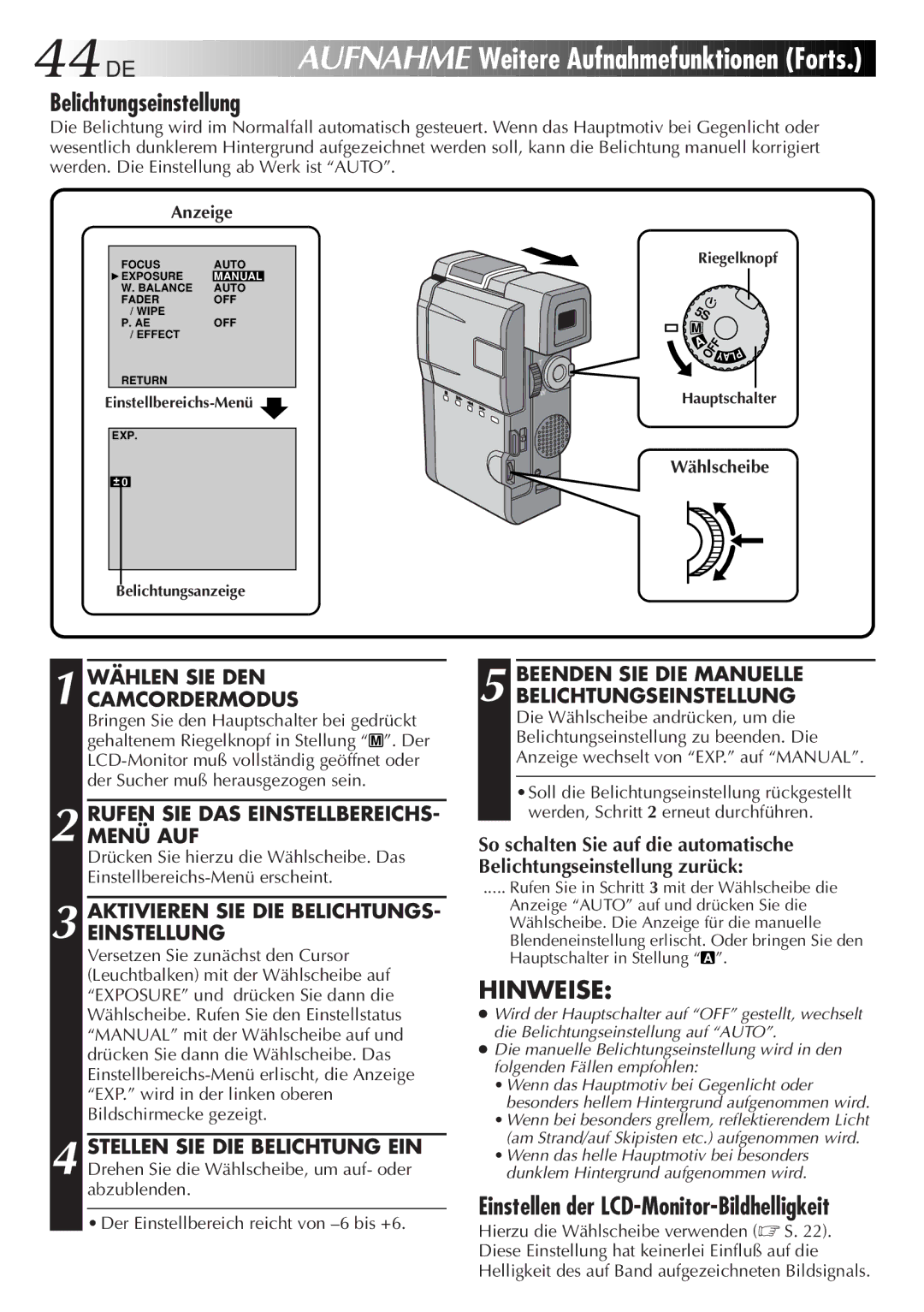 JVC HD-56ZR7U manual Belichtungseinstellung, Wählen SIE DEN Camcordermodus, Aktivieren SIE DIE BELICHTUNGS- Einstellung 