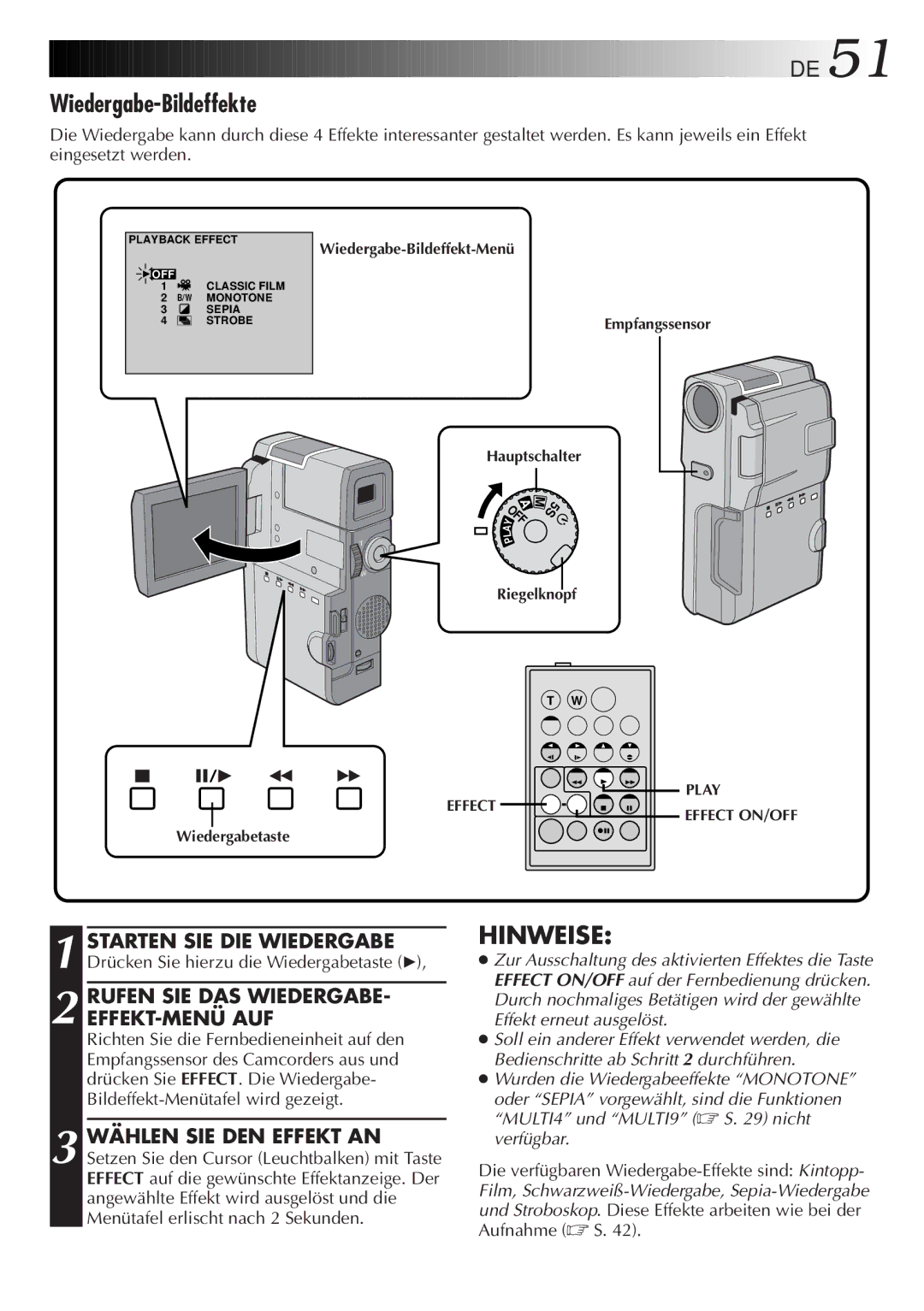 JVC HD-56ZR7U manual Wiedergabe-Bildeffekte, Rufen SIE DAS WIEDERGABE- EFFEKT-MENÜ AUF 